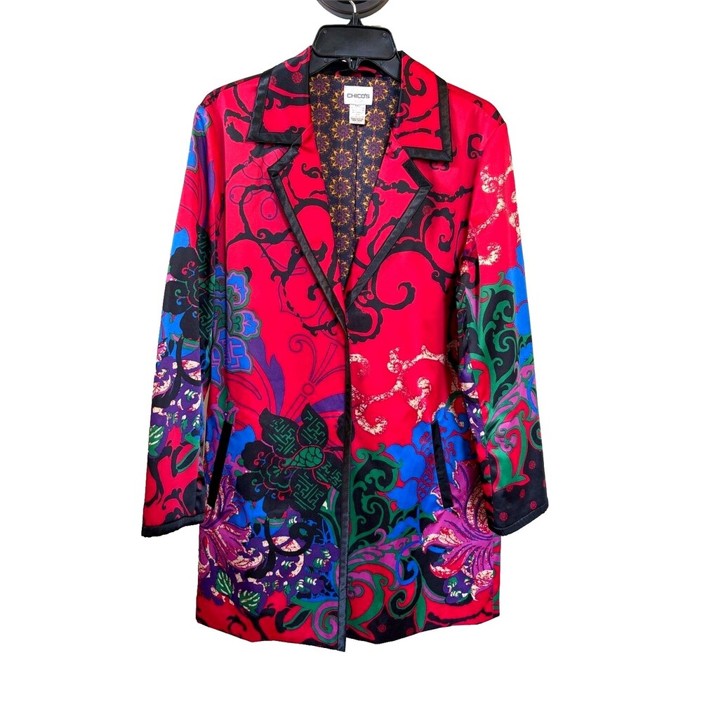 Chico’s Statement Blazer Jacket Women’s M Size 1 Floral Paisley Satin Sheen